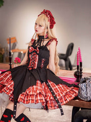 Black and Red Plaid Punk Dress Basque Waist Strappy Lolita Jumper Skirt