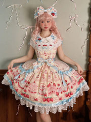 Strawberry and Cake Print Yellow Cute Dress Sweet Lolita Jumper Skirt