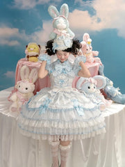 Blue Strawberry Princess Layered Ruffle Dress Sweet Lolita Jumper Skirt with Polka-dot Pattern and Detachable Puff Sleeves