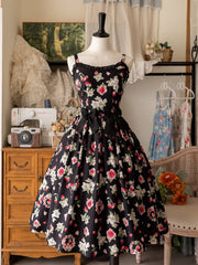 Strawberry Print Black Summer Floral Dress Two Bowknot Pins on Waist