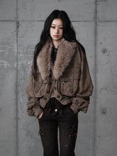 Coffee Punk Detachable Faux Fur Collar Studded Zipped Suede Jacket with 3D Pockets