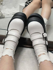 White Mary Janes - Double Buckle Design & Black Platform Sole