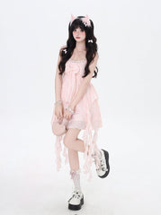 Pink Cascading Ruffle Accents Bow Detail Front Sleeveless Dress