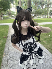 Black and White Polka Dot Elegant Halter Neck Dress / Black Peter Pan Collar Semi-Sheer Tulle Blouse