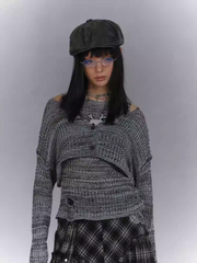 Y2K Gray Skeleton Pattern Distressed Holes Tank Top with Cardigan Glamorous Set