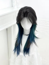 Ouji Style 55CM Blue & Green Highlight Straight Wig with Curtain Bangs