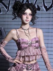 Y2K Pastel Punk Pink Sequin Crop Cami with Rhinestone Butterfly & Detachable Peplum