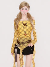 Yellow Plaid Off-Shoulder Long Sleeve Top with Star Accent and Cascading Ruffle Trim