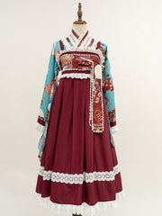 Blue Bear Print Crossover Design Top + Red Lace Trimmed JSK Dress Wa Lolita Set