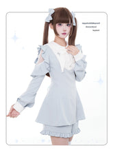 Jirai Kei Gothic Light Blue Coord Set: Pointed Collar Dress with Iris Cross Embroidery, Angel Wing Back & Matching Shorts