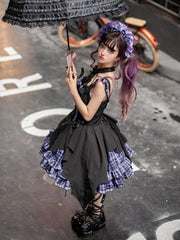 Black and Purple Punk Lolita Plaid Idol Dress Strappy Bat Hem Jumper Skirt