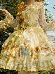 Yellow Bunny and Sunflower Print Sweet Lolita JSK Dress with Overlay and Plaid Hem