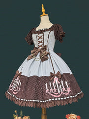 Mint Green & Black Polka Dot Sweet Lolita Dress with Chandelier Print and Lace Trim