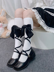 White/Pink/Red Big Bow Crisscross Banded Under Knee Stockings