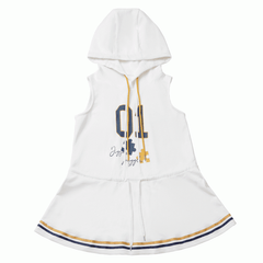 White Blokette Sleeveless Hoodie Dress with Drawstring Waist & Hood,Blue and Yellow Striped Hem