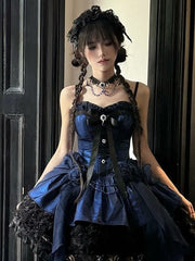 Red/Blue/Purple Rhinestone Gothic Lolita Necklace with Lace Details