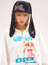 Y2K Bunny Ear Design Rhinestone Bow Black Hat