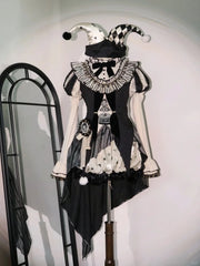 Clearance - Size M for Bust 94cm Black and White Circus Vibes Sweet Lolita Full Set- Puff Sleeves Clown Top + Hi-lo Skirt + Accessories