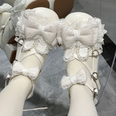 White Comfortable Bunny Ear Low/Mid-heel Mary Janes with Bow at Top & Adjustable Crisscross Design