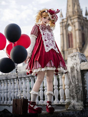 Red Stripes Clowncore Lolita Dress Set - Juliette Sleeves OP + Detachable Printed Panel + Bow + KC + Waist Belt