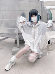 White & Gray Cross Pattern Jirai Kei Sun Protection Hooded Coat