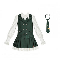 Fake Two-pieces Green Preppy Style Lolita Box Pleat Short Dress + Tonal Tie