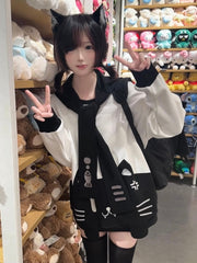 Otaku-Kawaii Black and White Softgirl Sweatshirt with Grumpy Cat Embroidery & Detachable Sailor Collar