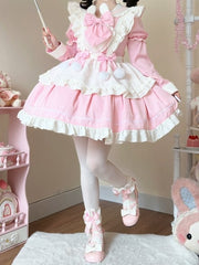 Bunny Ears Sailor Collar Pink Short Sleeves Maid Lolita Dress with White Apron