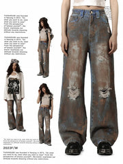 Wasteland Punk Blue Tie Dye Straight Leg Jeans Distressed Holes