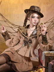 Steampunk Khaki Top with Brown PU Sailor Collar & Embroidered Lace Applique