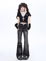 Silver Studs Black and Gray Pocket Design Flared Jeans with Free Waist Belt