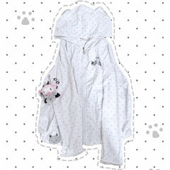 White Kitty Ears Hooded Jacket with Black Polka Dots, Cat and Musical Note Print