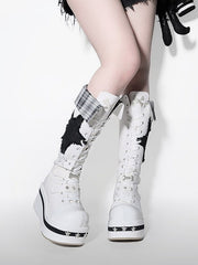 White Punk Platform Knee-high Boots with Bone Embroidery, Fold-over Cuff Design & Dual Closure