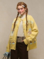 Yellow/Black/Pink Vintage Snowman Jacquard Knit Cardigan - Button-Front Kawaii Charm
