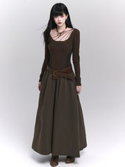 Vintage Coffee A-Line Maxi Dress with Metallic Eyelets & Side Pockets