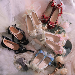 Wine Red Bowknot and Butterfly Applique Square Toe Hime Lolita Block Heels