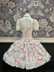 Pink Under Bust Boned Waist Elegant Classic Lolita Corset Top+Floral Print Lace Trimmed Skirt Set