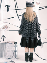 Plus Size Black & Gray Stripes Bunny Hoodie Jacket with Pompon Drawstrings