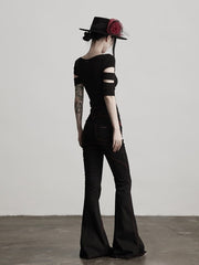Urban Goth Black Flared Jeans with Red Embroidery