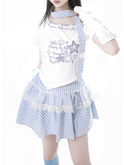 Pink/Baby Blue Plaid Lace Trim Skirt