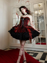 Red & Black Strapless Boned Gothic Lolita Dress with Rose Bouquet Hem