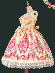 Yellow & Pink Strawberry Print Sweet Lolita Dress with Lace Hem and Bow Details