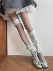 Gray Semi-sheer Tights/White Floral Pattern Hollow-out Socks/White Lace-up Leg Warmers/White Lace Leg Loop