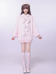 Sakura Pink Jirai Kei Sweet Lace Trim Bows Decorated Hoodie