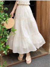 Beige Elastic Waist Floral Embroidery Mori Kei Tulle Skirt