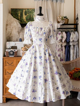 Blueberry Print Whitet Square Neckline Midi Dress with Free Choker and Hairclip