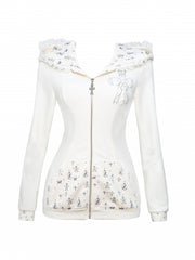 White Long Sleeve Bunny-Ear Hoodie - Lace Trim & Cross Print Design