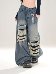 Vintage Kawaii Blue Wide-Leg Jeans with Distressed Detailing