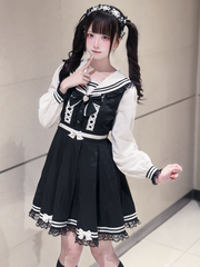 Jirai Kei Kawaii Dress: Black and White Bunny-Ear Sailor Collar Long Sleeve Dress with Lace Trim