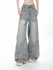 Y2K Blue/Black Wide-leg Jeans with Star Pattern, Low-rise Design & Front Zipper with Button Closure